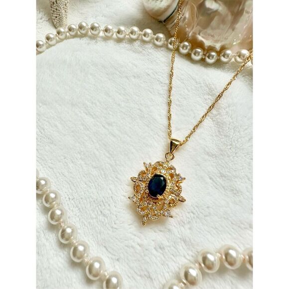 Sapphire blue cubic zirconia intricate regal style pendant necklace  - Picture 11 of 12